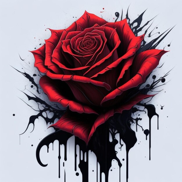 A red rose with black paint and a black background