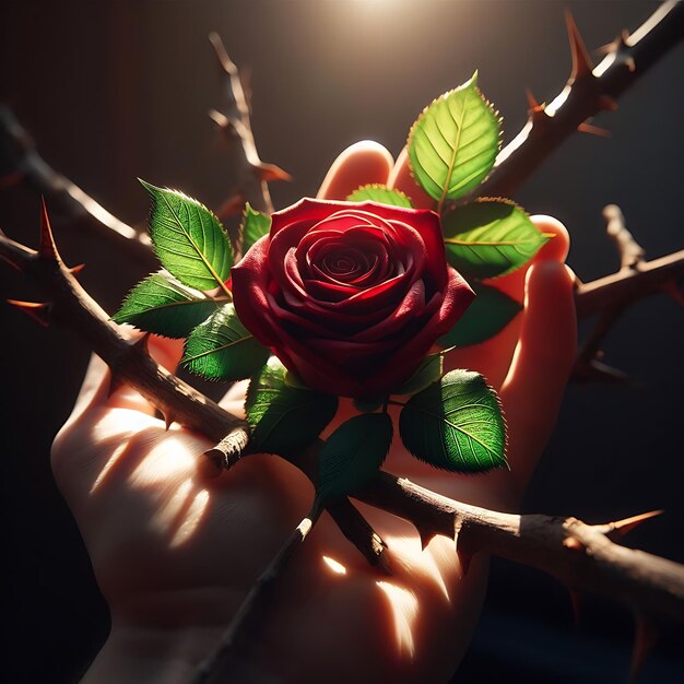Red rose with branch