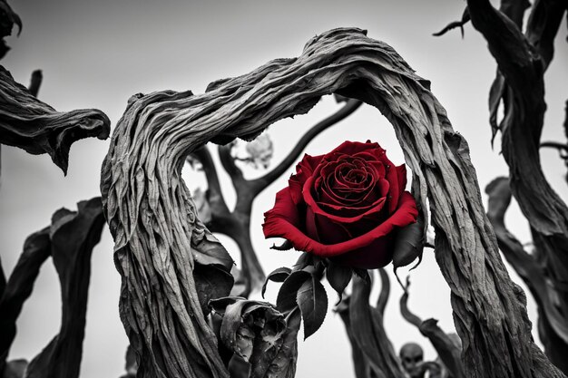 Photo red rose with branches around