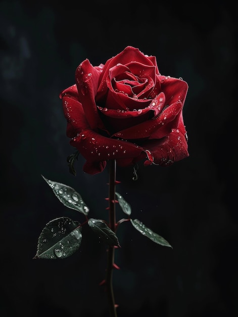 Red Rose with Dew Drops on a Dark Background