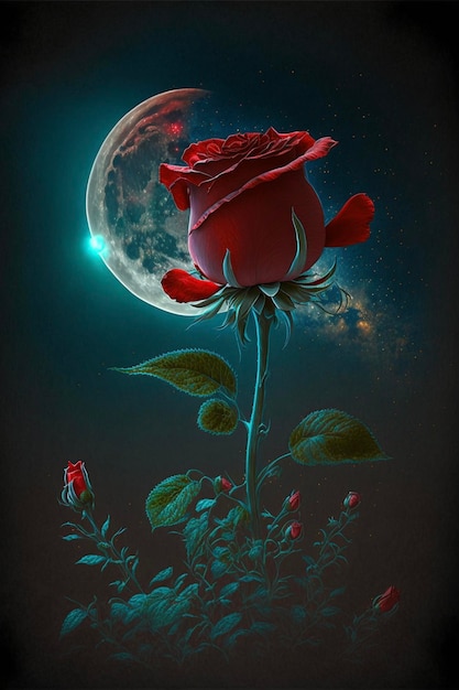 Red rose with a full moon in the background generative ai