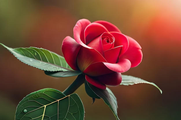 A red rose with a green leaf behind it