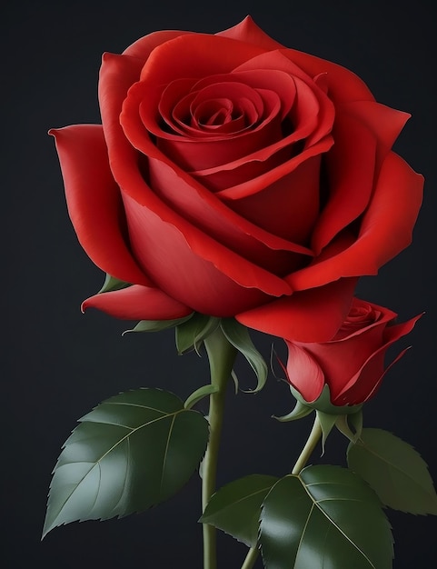 A red rose with green leaves and a dark background