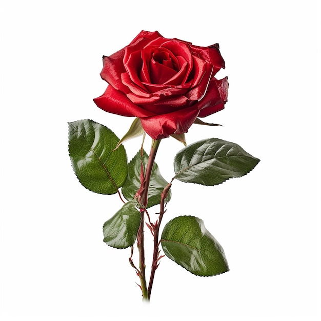 A red rose with green leaves is shown.