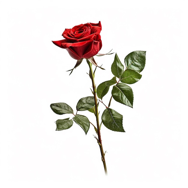 A red rose with green leaves is shown.