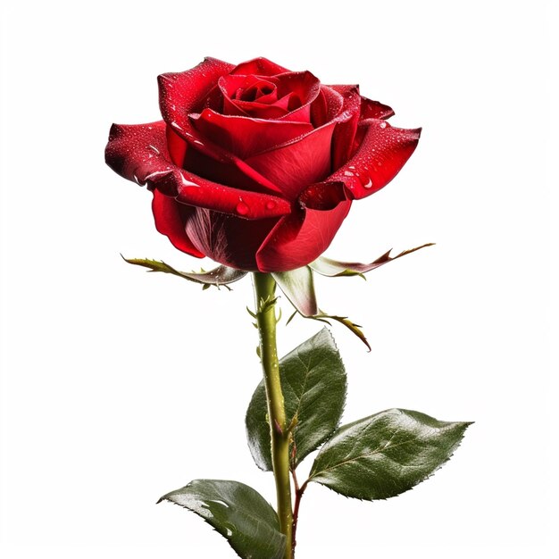 A red rose with green leaves is shown.