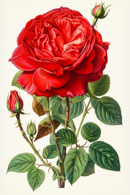 白い背景に分離された緑の葉と赤いバラ 水彩イラスト