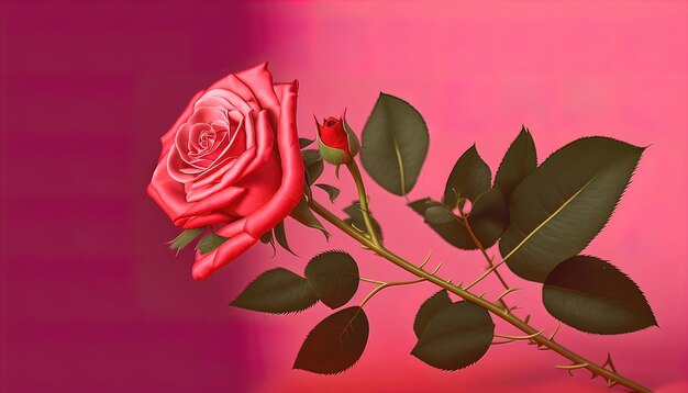 Красная роза с зелеными листьями и розовым фоном