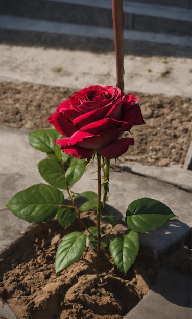 Photo a red rose with green leaves in a planter