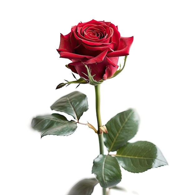 a red rose with green leaves and a white background