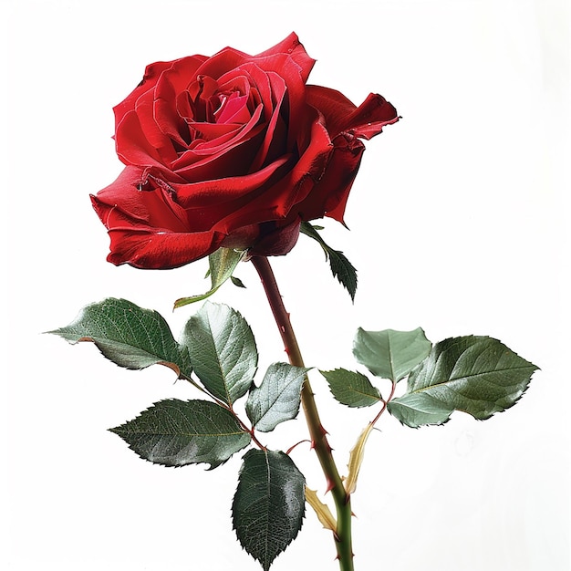 a red rose with green leaves and a white background