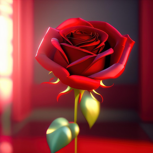 a red rose with a green stem in a room