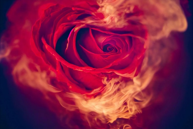 A red rose with a heart shaped fire in the center