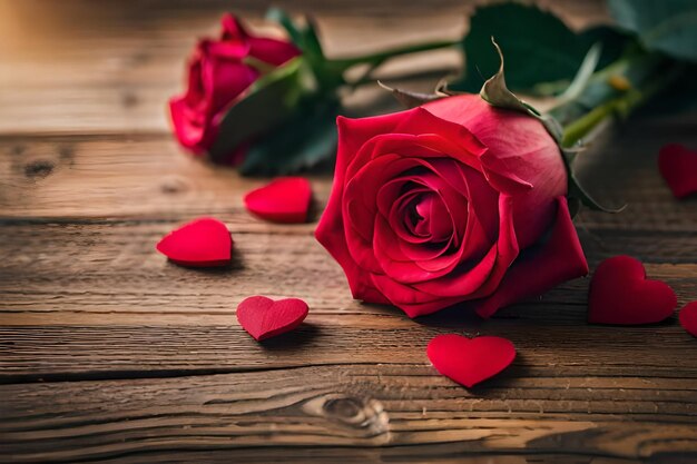 a red rose with hearts on the wooden background