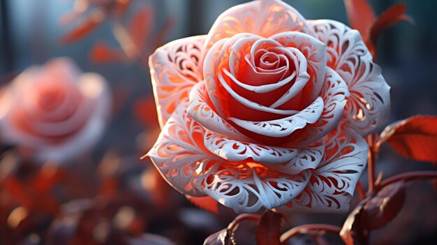 Photo red rose with intricate white lacelike petals