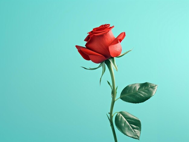 Photo red rose with leaf on light blue background