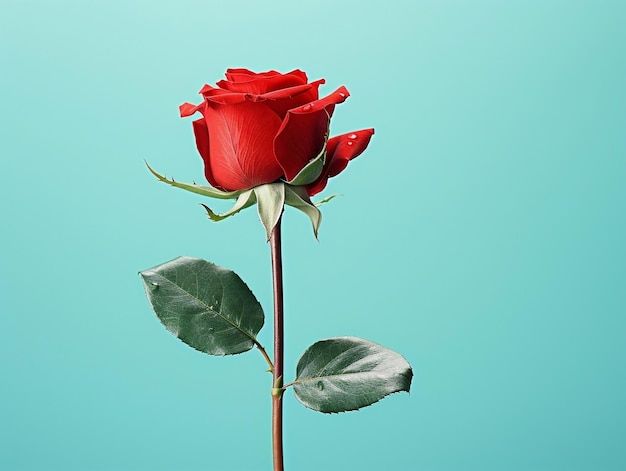 Red rose with leaf on light blue background