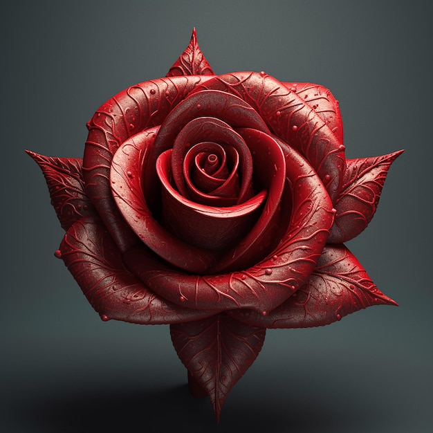 A red rose with leaves that have the word rose on it.