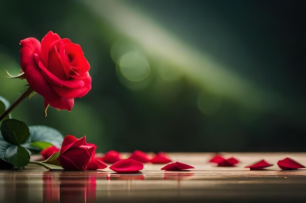 A red rose with petals on a table and a red rose in the background.