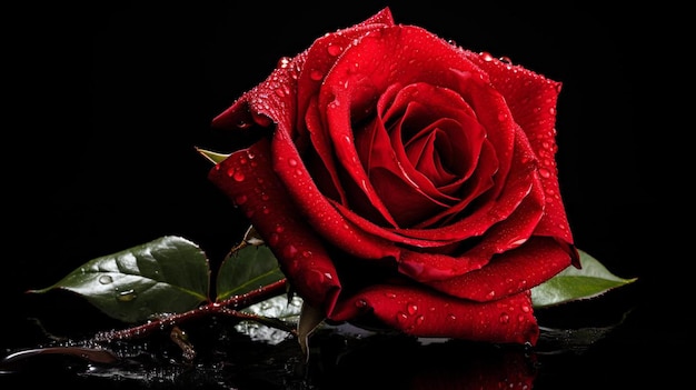 Красная роза с каплями дождя на ней