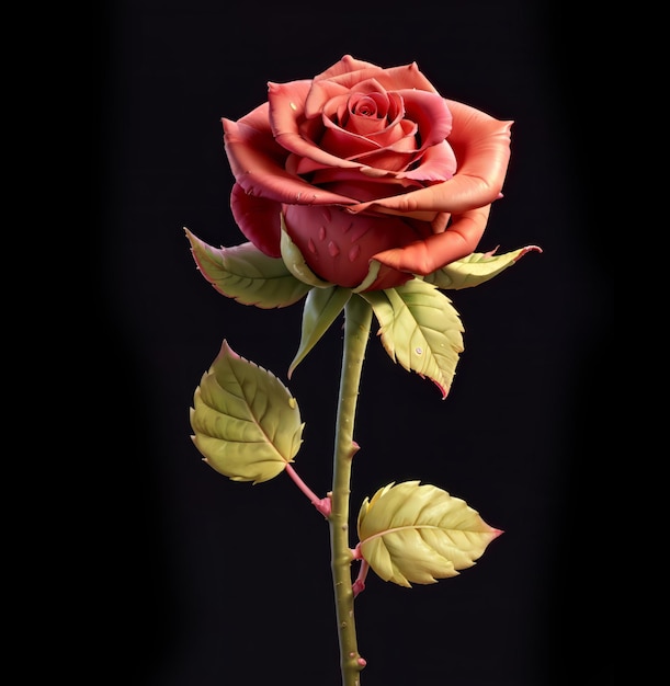 Red rose with stem and leaves