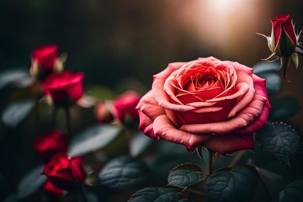 A red rose with the sun behind it