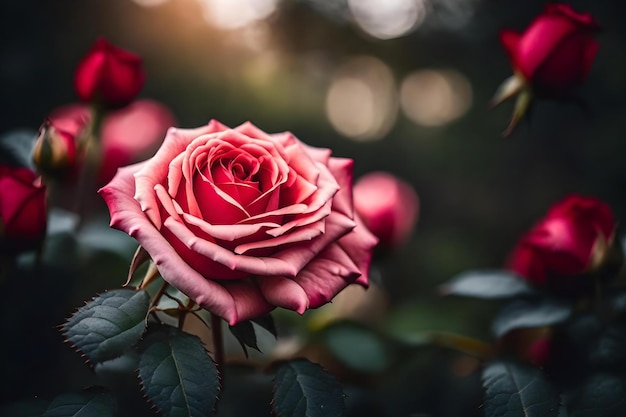 A red rose with the sun behind it