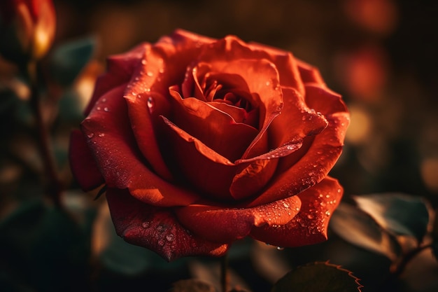 Красная роза с капельками воды на ней