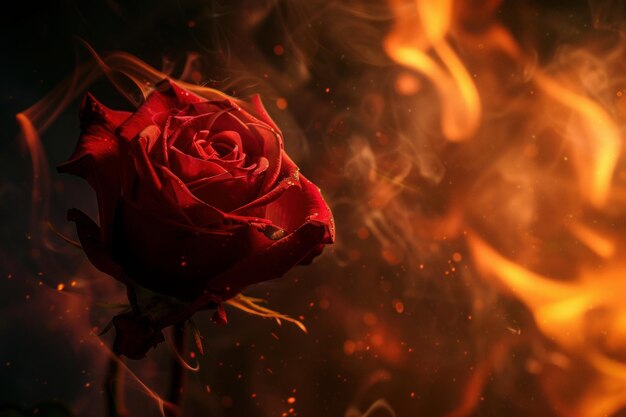 Foto una rosa rossa con le parole fuoco sul fondo