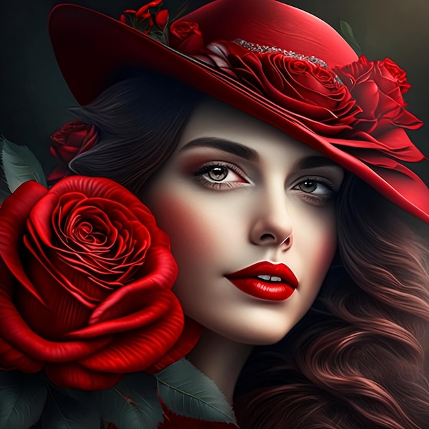 Red rose woman portrait closeup Generative AI nonexistent person