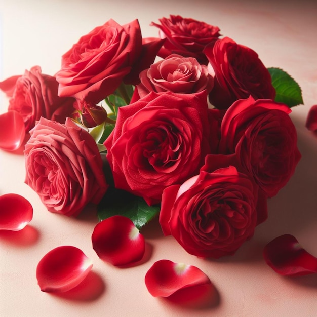 Фото Красные розы и украшения в форме сердца на фоне дня святого валентина