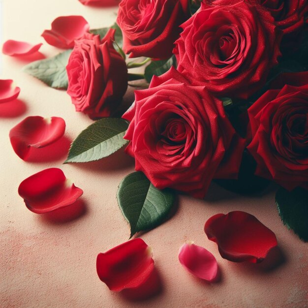 Фото Красные розы и украшения в форме сердца на фоне дня святого валентина