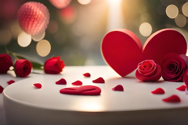 Red roses are placed on a white table with a blurred background and a red heart shaped flower petals.