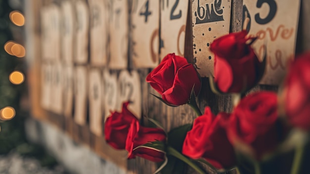 Red roses on the background of a wooden wall with inscriptions