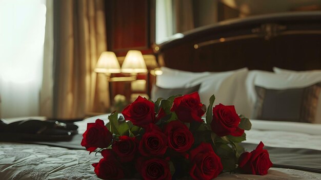 Foto rose rosse su un letto rose rosse sul tavolo