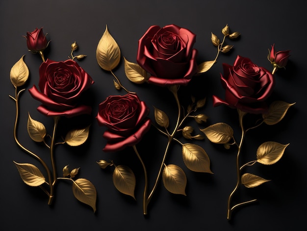 Red roses on a black background 3d rendering 3d illustration Digital art for wall decor