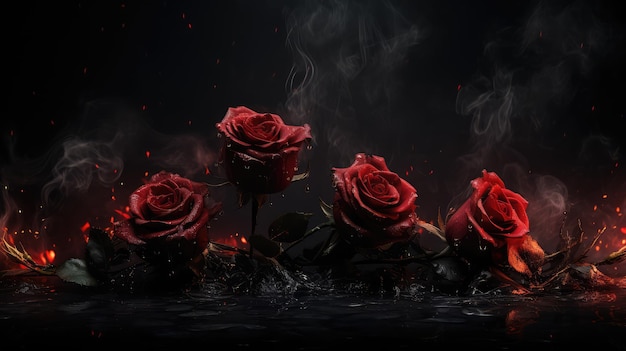 Red roses on a black background with smoke and fire Love concept