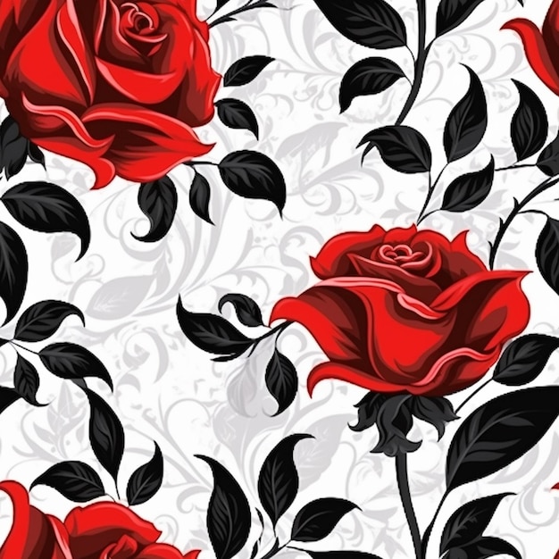 Red roses and black leaves on a white background generative ai