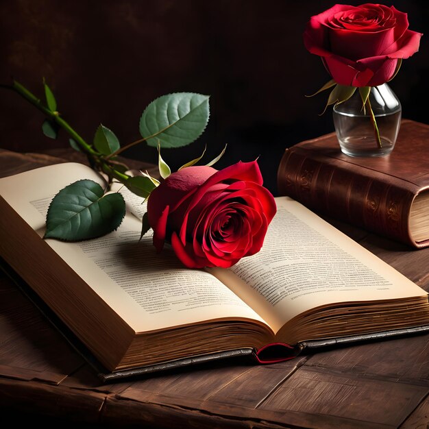 Red roses on book and vase