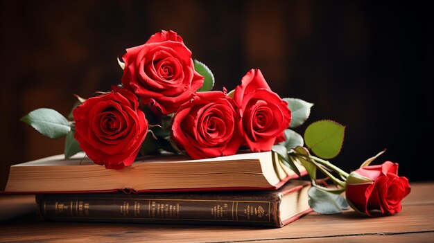 Red roses and books in a wooden table Saint Georges Day