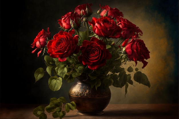 Red roses bouquet on dark background Gift example for Valentine Day Generative AI