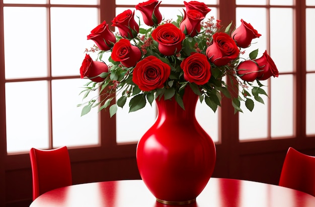 테이블 Generative AI의 꽃병에 빨간 장미 꽃다발