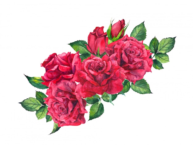 Red roses bouquet. Watercolor painting, romantic composition