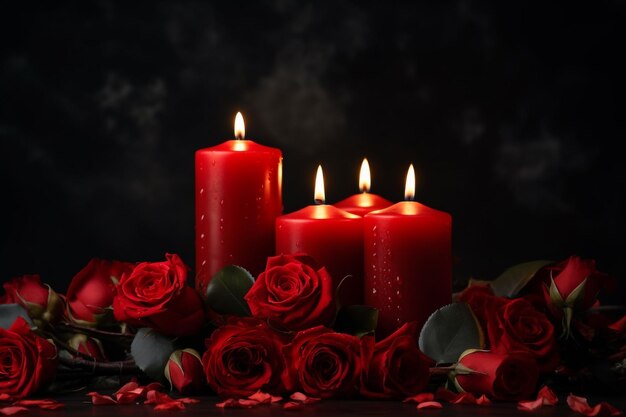 Red roses and burning candles on a black background with water drops