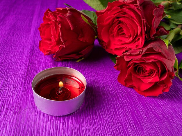 Red roses and burning red candle on purple