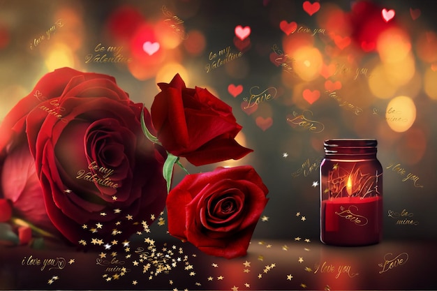 red roses and candle light  on blurred background gold confetti and letters with heart  symbols