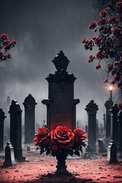 Red roses in a cemetery with tombs and misty