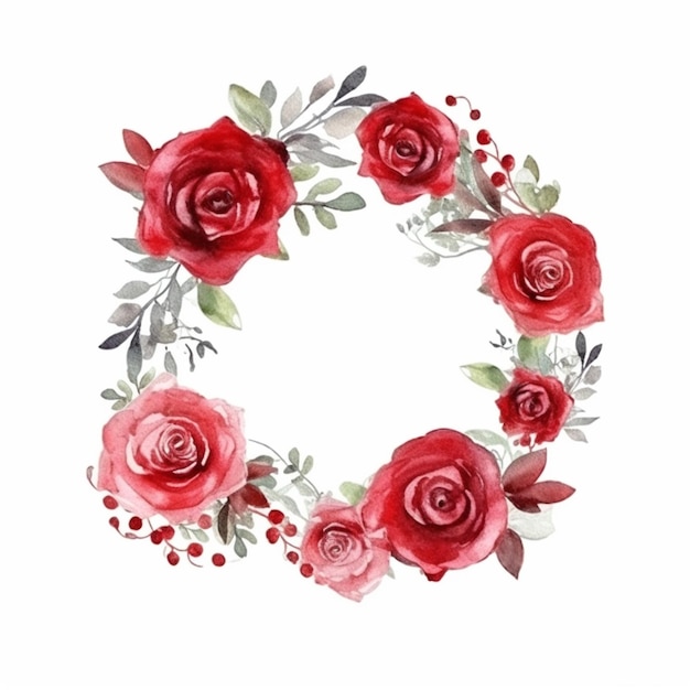 Red roses in a circle frame with green leaves.