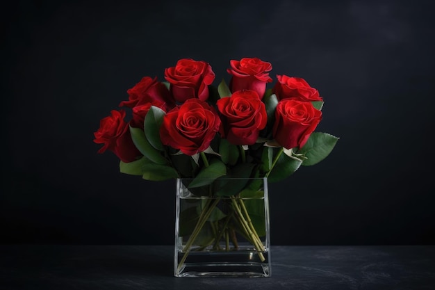 Red roses in clear glass vase on dark background created with generative ai