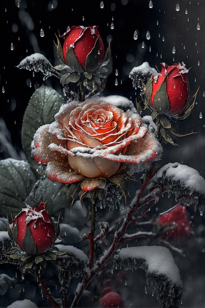 Red roses draped with frost and snow Valentines day background Created with Generative AI technology